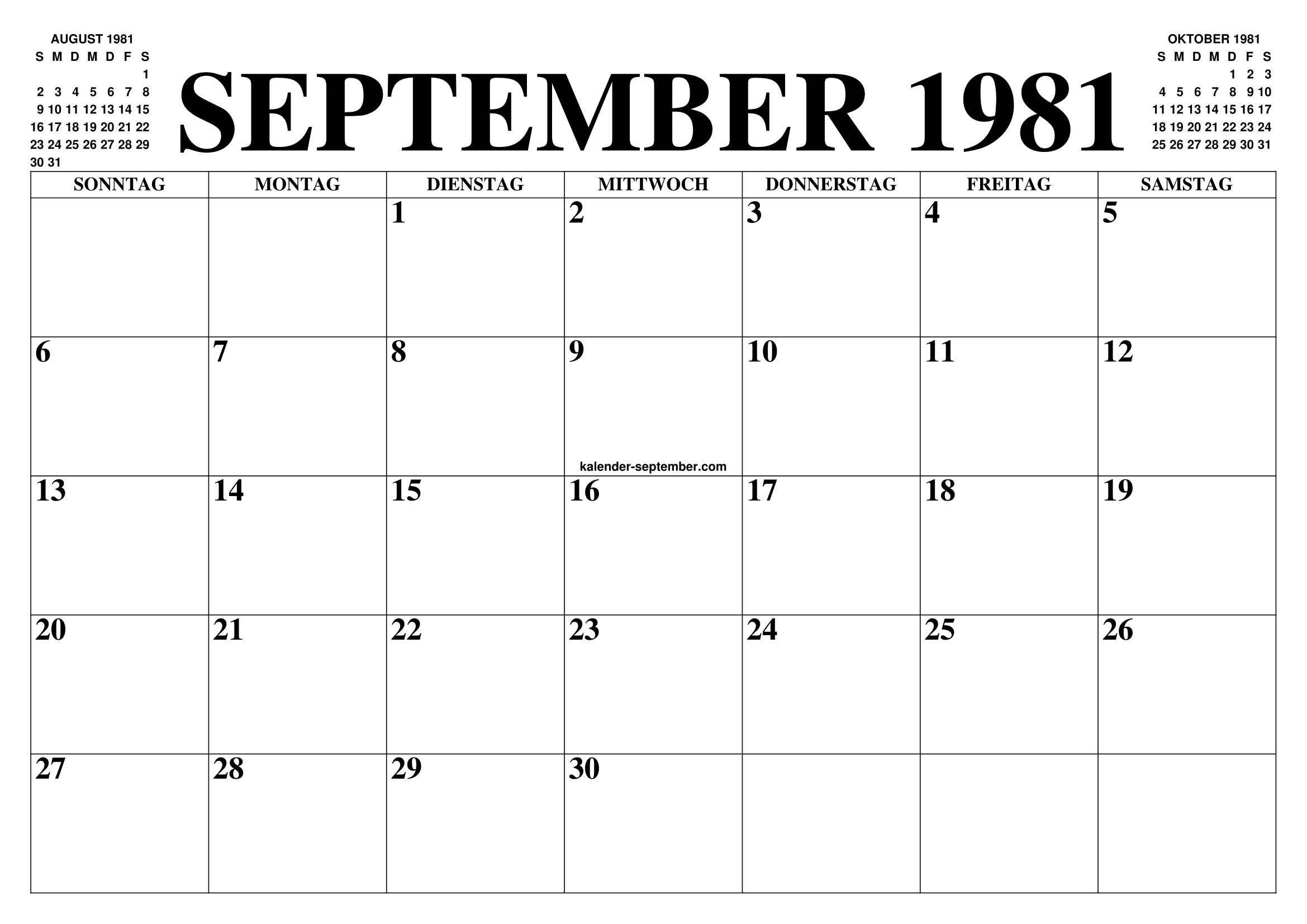 KALENDER SEPTEMBER 1981 : SEPTEMBER KALENDER ZUM AUSDRUCKEN GRATIS