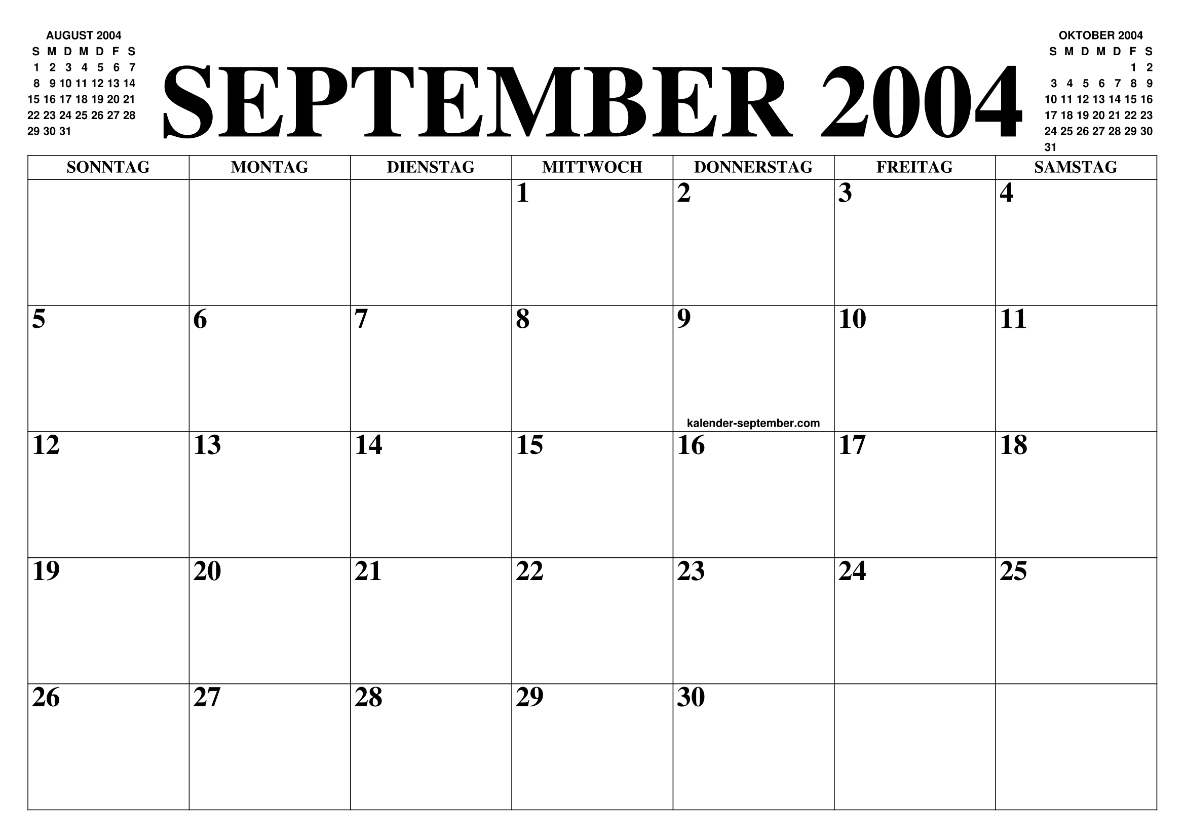 KALENDER SEPTEMBER 2004 : SEPTEMBER KALENDER ZUM AUSDRUCKEN GRATIS 